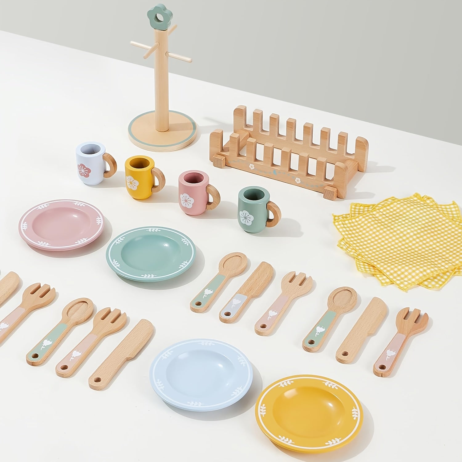 Set Accessori Cucina in Legno per Bambini – Piatti, Ciotole e Posate Realistiche | Gioco Educativo di Imitazione