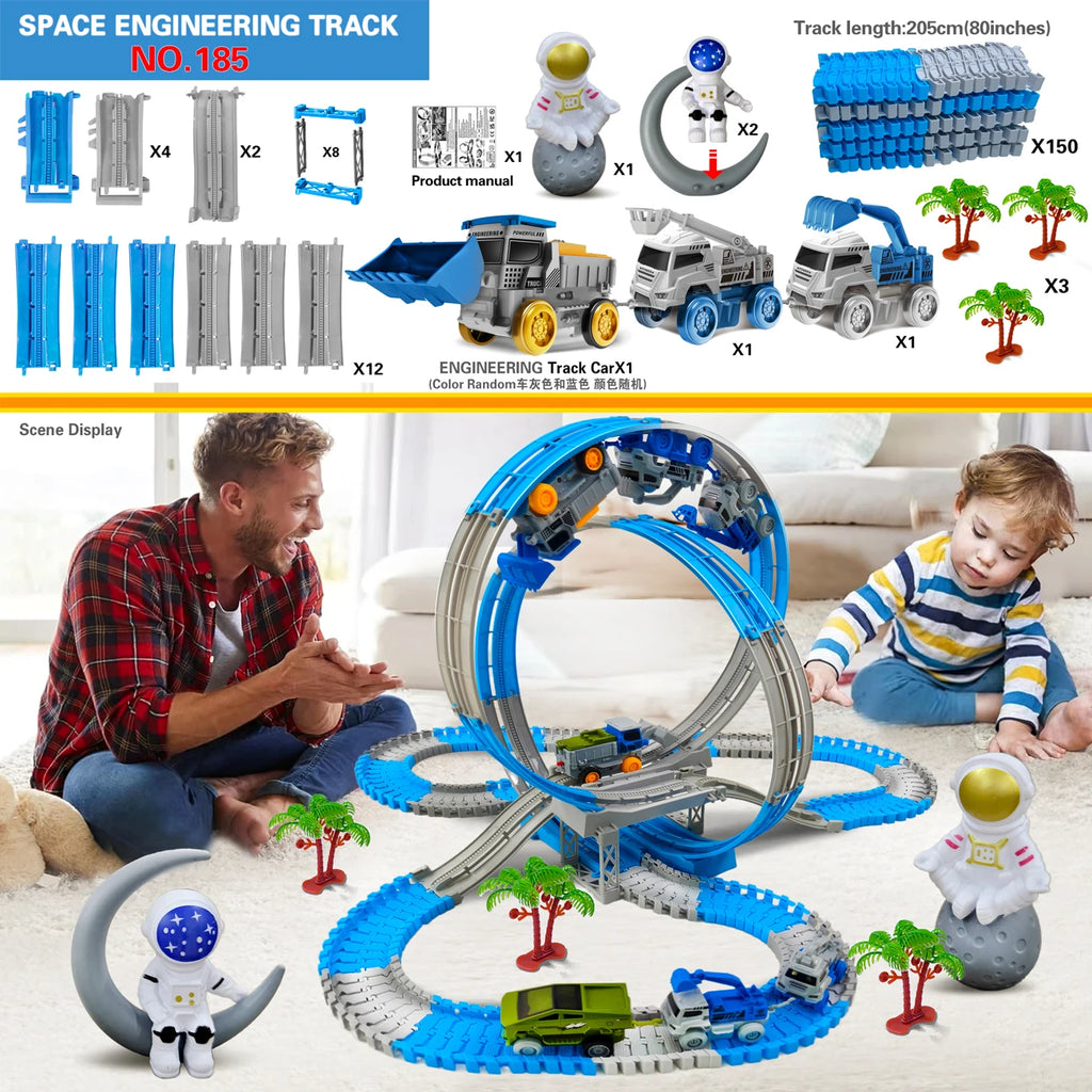 Space Track Toys – Pista Magica Flessibile con Auto e Treni Elettrici per Bambini
