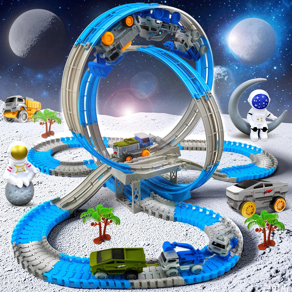 Space Track Toys – Pista Magica Flessibile con Auto e Treni Elettrici per Bambini