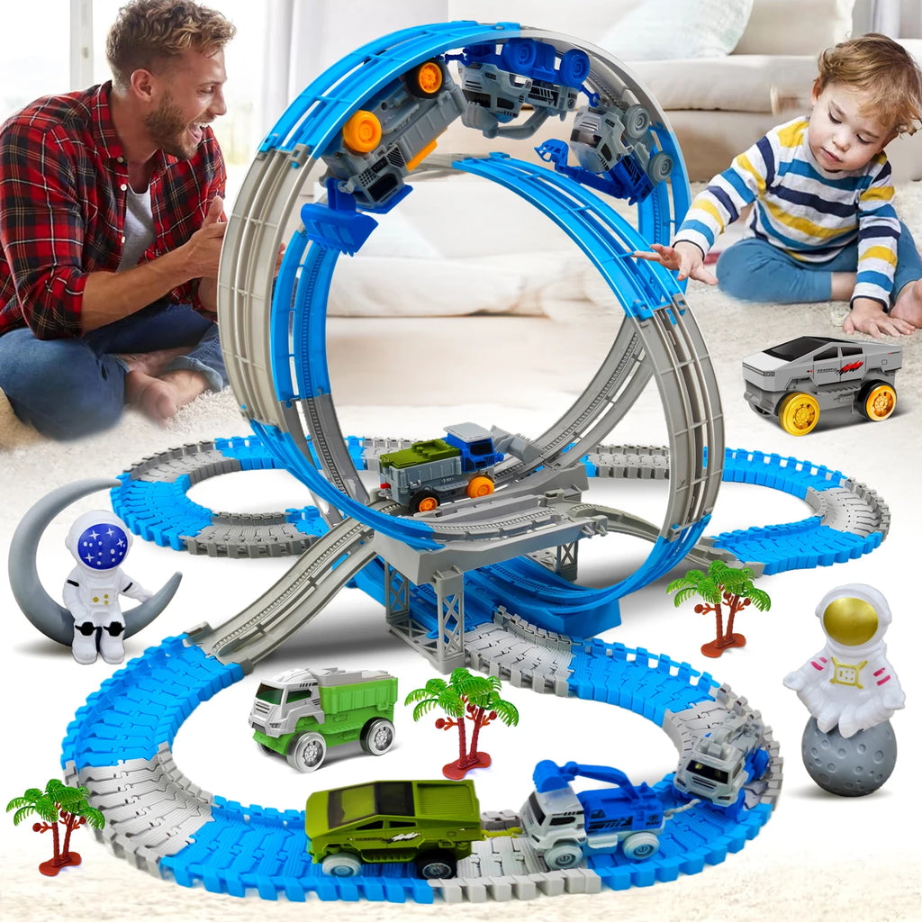 Space Track Toys – Pista Magica Flessibile con Auto e Treni Elettrici per Bambini
