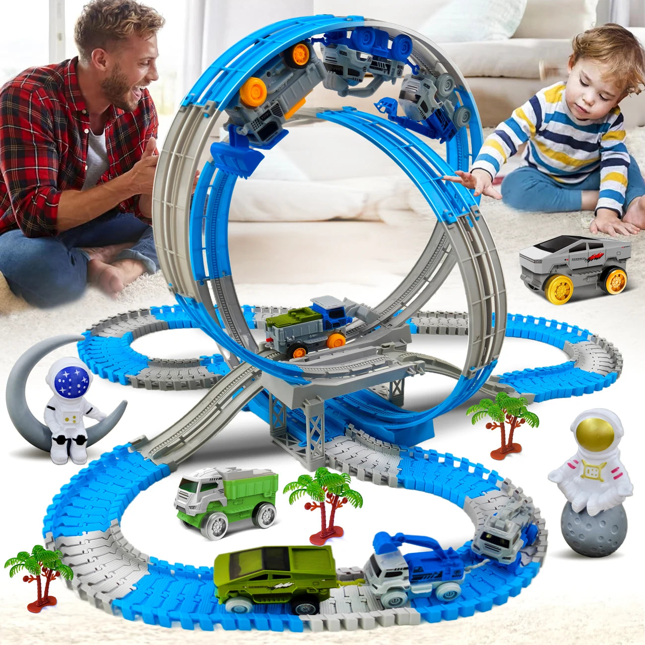 Space Track Toys – Pista Magica Flessibile con Auto e Treni Elettrici per Bambini