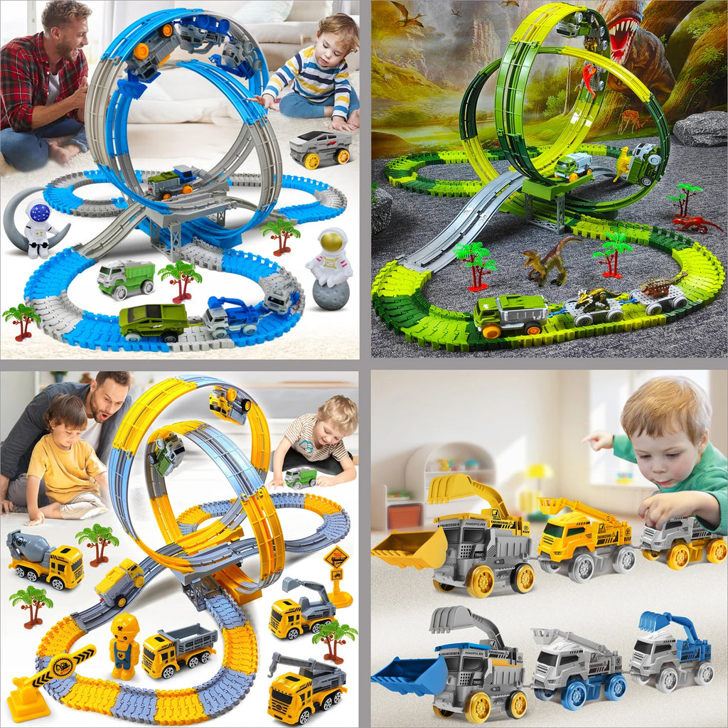 Space Track Toys – Pista Magica Flessibile con Auto e Treni Elettrici per Bambini