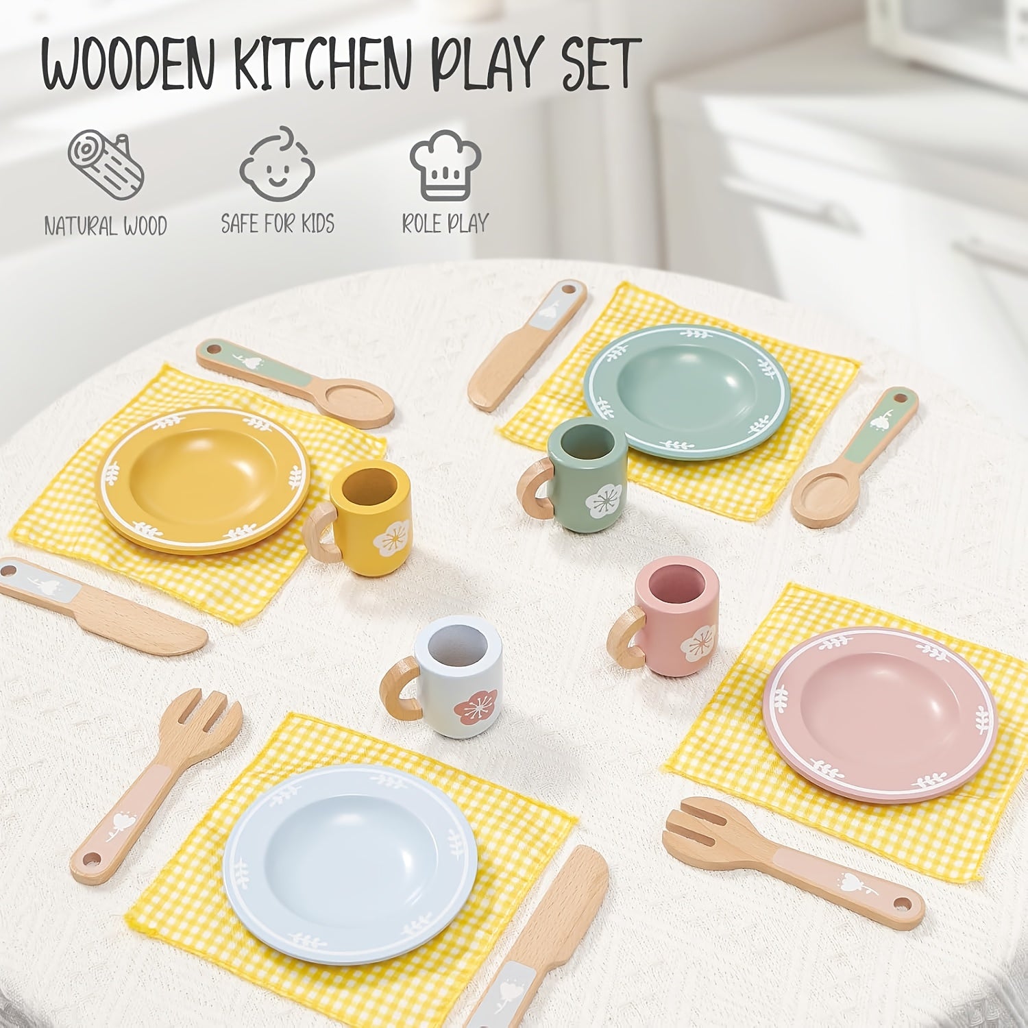 Set Accessori Cucina in Legno per Bambini – Piatti, Ciotole e Posate Realistiche | Gioco Educativo di Imitazione